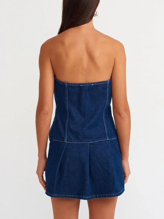 Strapless Blue Denim Mini Dress with Belt Details - Picture 8 of 13